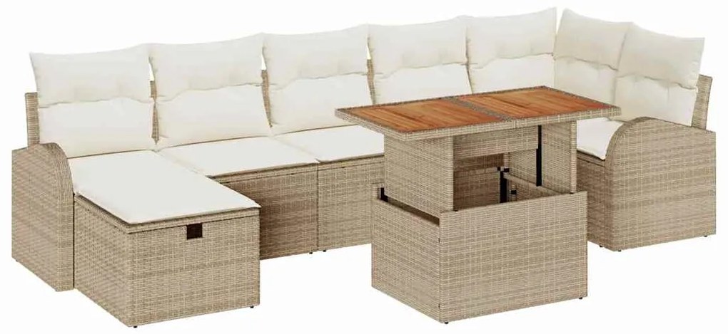 Conjunto de sofá de jardim com 8 peças e almofadas bege em polirattan.