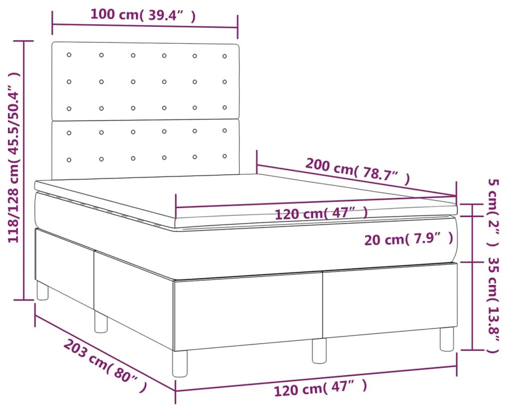 Cama box spring c/ colchão e LED 120x200 cm tecido cor creme