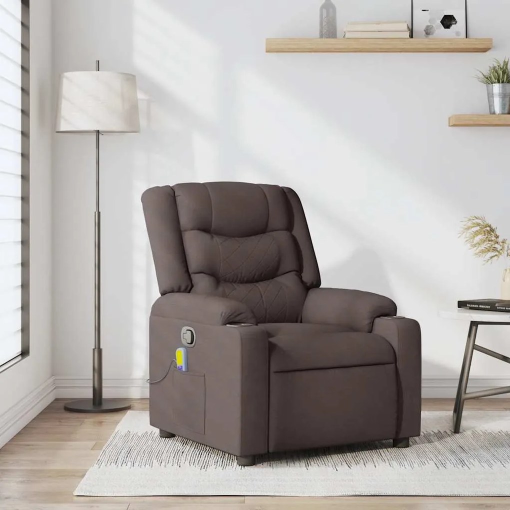 vidaXL Poltrona de massagens reclinável tecido castanho-escuro