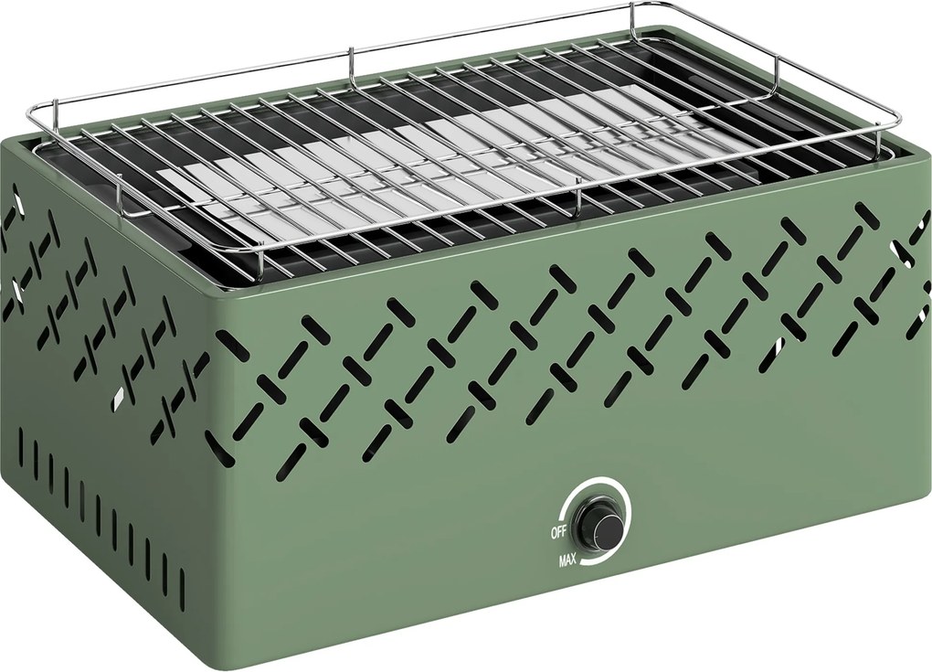 Grelhador a Carvão 45,5x29x21 cm com Ventilador Integrado, Temperatura Ajustável e Bandeja de Carvão, Verde-Claro