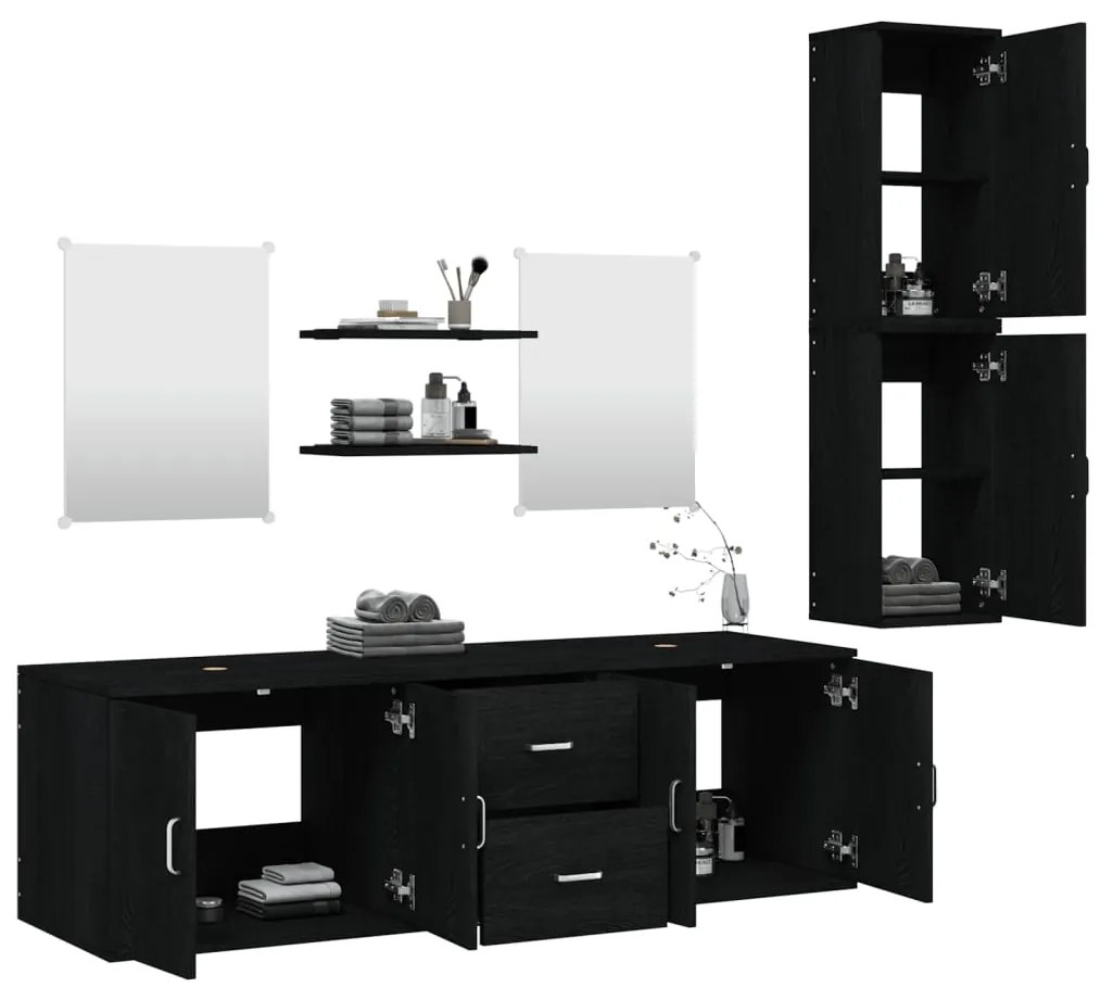 7 pcs conjunto móveis casa de banho derivados de madeira preto