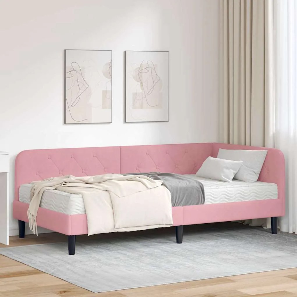 vidaXL Estrutura de Cama de Canto com colchão Rosa 90 x 200 cm Veludo