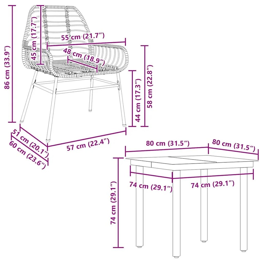 Conjunto jantar jardim 5 peças vidro vime PE castanho