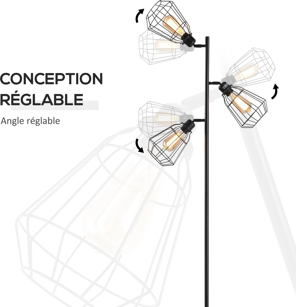 Candeeiro de pé de design industrial, 3 lâmpadas, máx. 40 W, abajur em forma de gaiola de metal preto