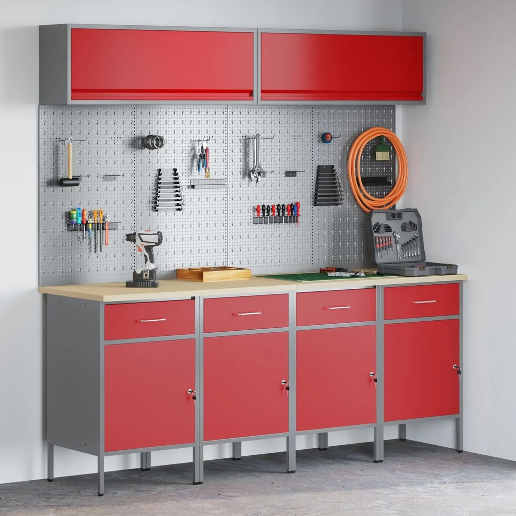 Conjunto de Armário e Painel de Ferramentas de 10 Peças vidaXL Vermelh