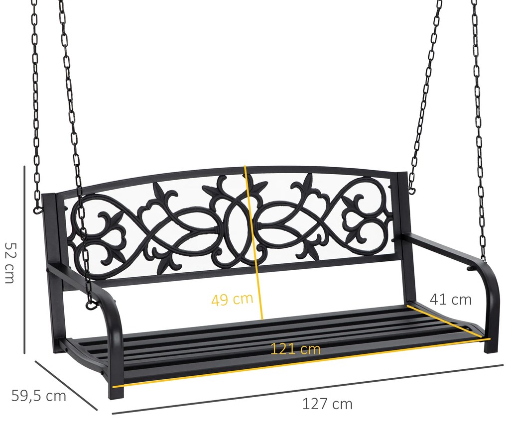 Outsunny Banco Baloiço de 2 Lugares Banco Suspenso de Aço com Apoio para os Braços Carga Máx. 240kg para Jardim Varanda Exterior 127x59,5x52cm Preto