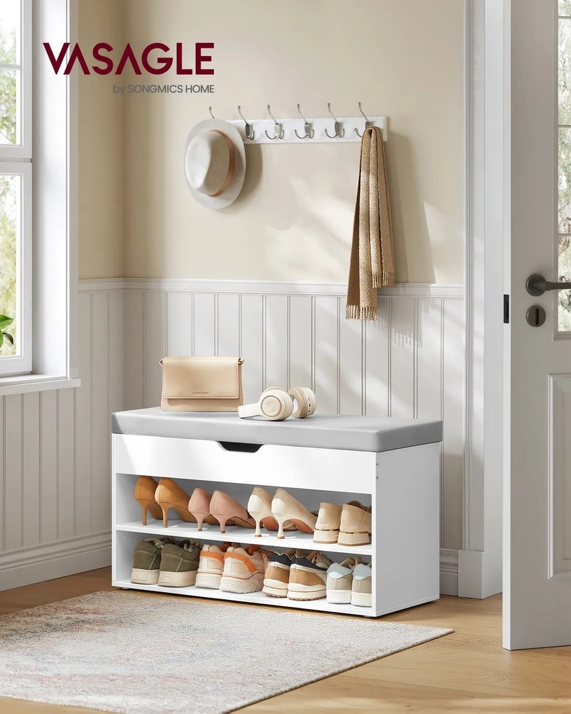 Sapateira 30 x 80 x 44 cm com almofada acolchoada e 3 níveis, branco e cinza