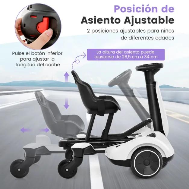 Kart elétrico 6V para crianças com assento ajustável com sons, rotação de 360 ​​graus, velocidade máxima de 4,8 km/h para crianças de 3 a 8 anos Branc