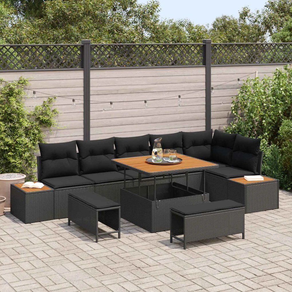 vidaXL Conjunto de Sofá de Jardim 9 pcs Preto Rattan Sintético
