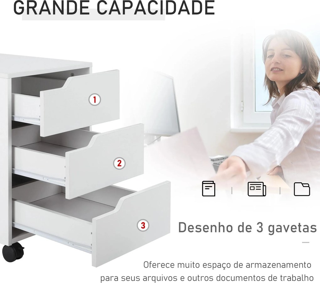 Bloco de Gavetas para Escritório Móvel de Escritório Bloco de Gavetas com 3 Gavetas e 4 Rodas 40x50x57,5 cm Branco