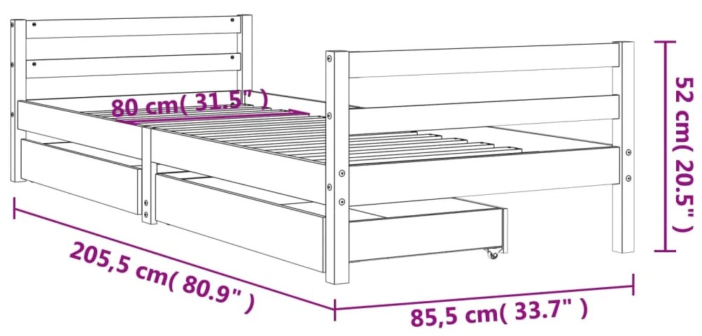 Estrutura de cama infantil c/ gavetas 80x200 cm pinho maciço