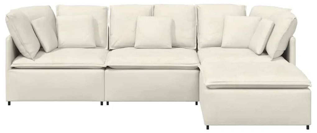 Sofá modular com pufes e almofadas veludo creme