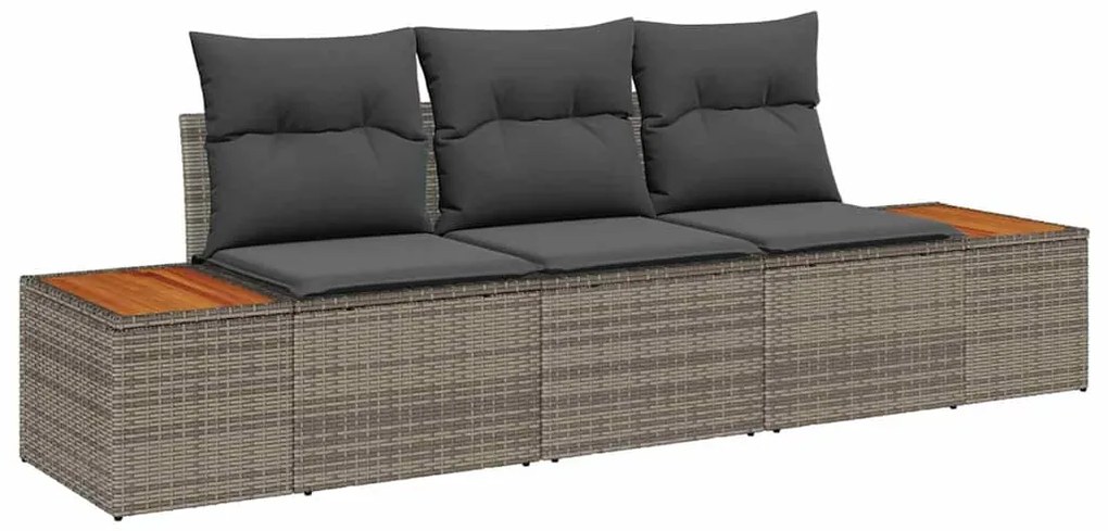 Sofá de Jardim 3 Peças com Almofadas Cinza em Rattan Sintético e Acáci