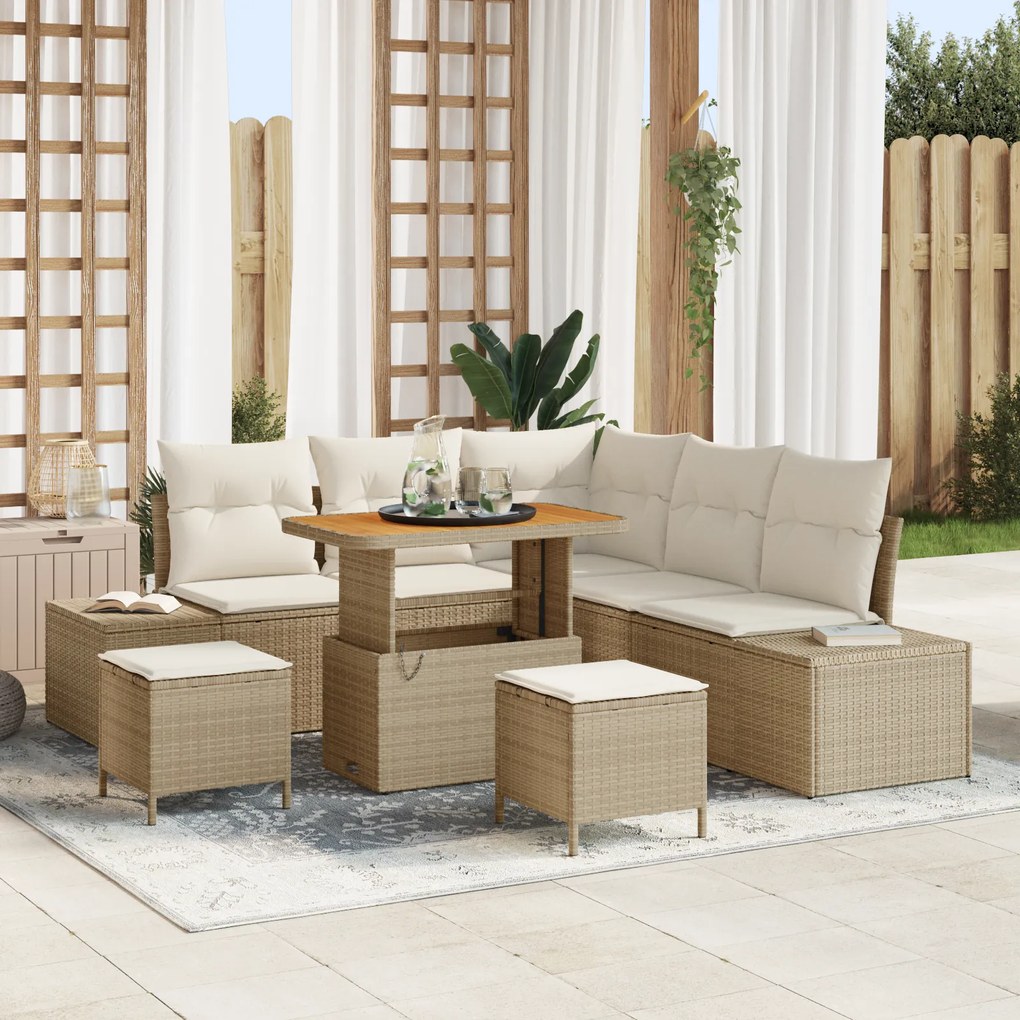 vidaXL Conjunto de Sofá de Jardim com 8 Peças e Almofadas em Bege Rattan PE Acácia