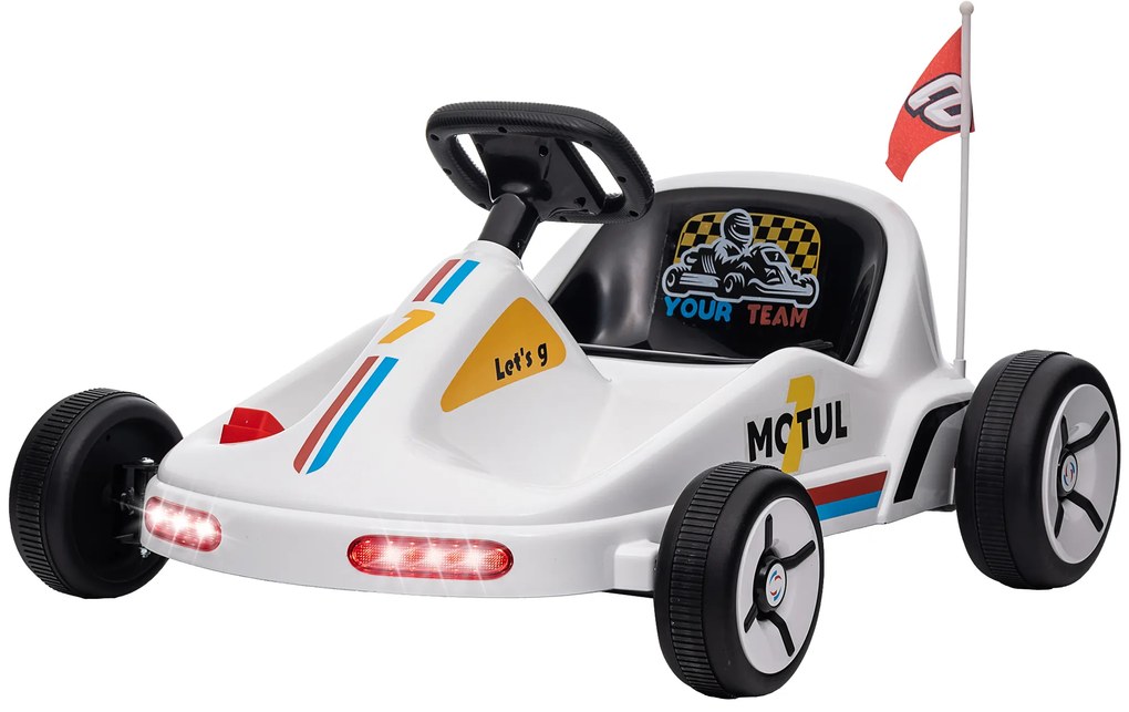 Kart Elétrico 6V  para Crianças acima de 3 Anos com Música Luz Buzina Cinto de Segurança Carga 50 kg  85x70x45 cm Branco