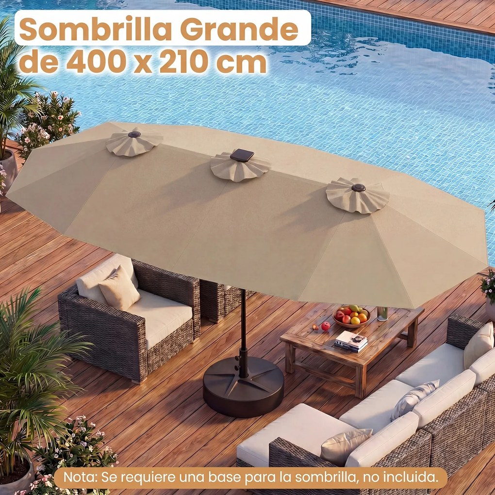 Guarda-sol duplo resistente, 400 x 210 cm (BASE NÃO INLCUIDA), com 108 luzes LED solares, manivela fácil de utilizar e 12 varas de metal, para jardim,