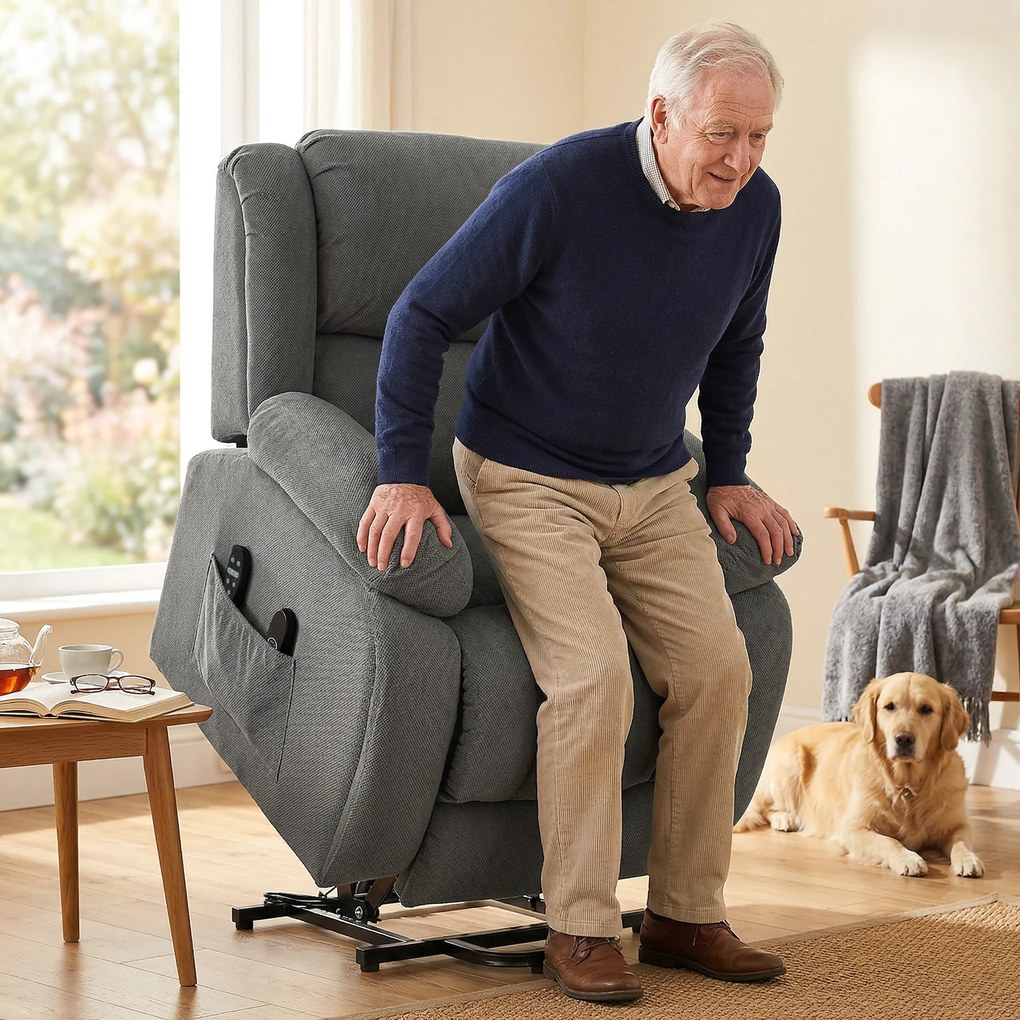 Poltrona elevatória elétrica com massagem e aquecimento, apoio para os pés, encosto reclinável, comando à distância e bolso lateral cinzenta