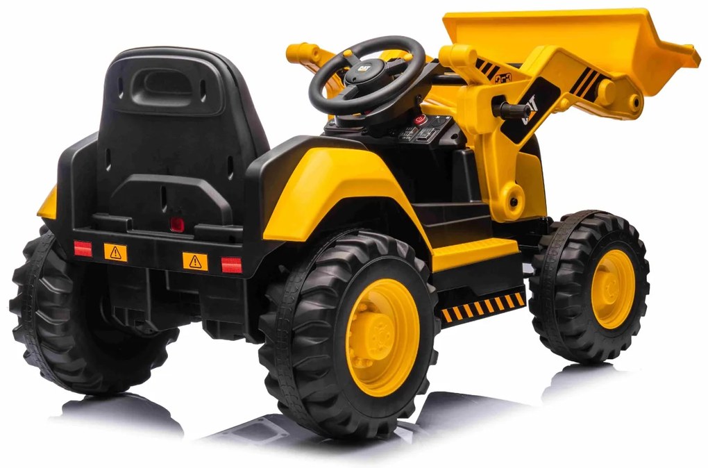 Escavadora eléctrica Crianças 12V Caterpillar licenciado, com Pá Frente, assento individual, cor amarela, entrada USB para leitor de MP3, tração trase