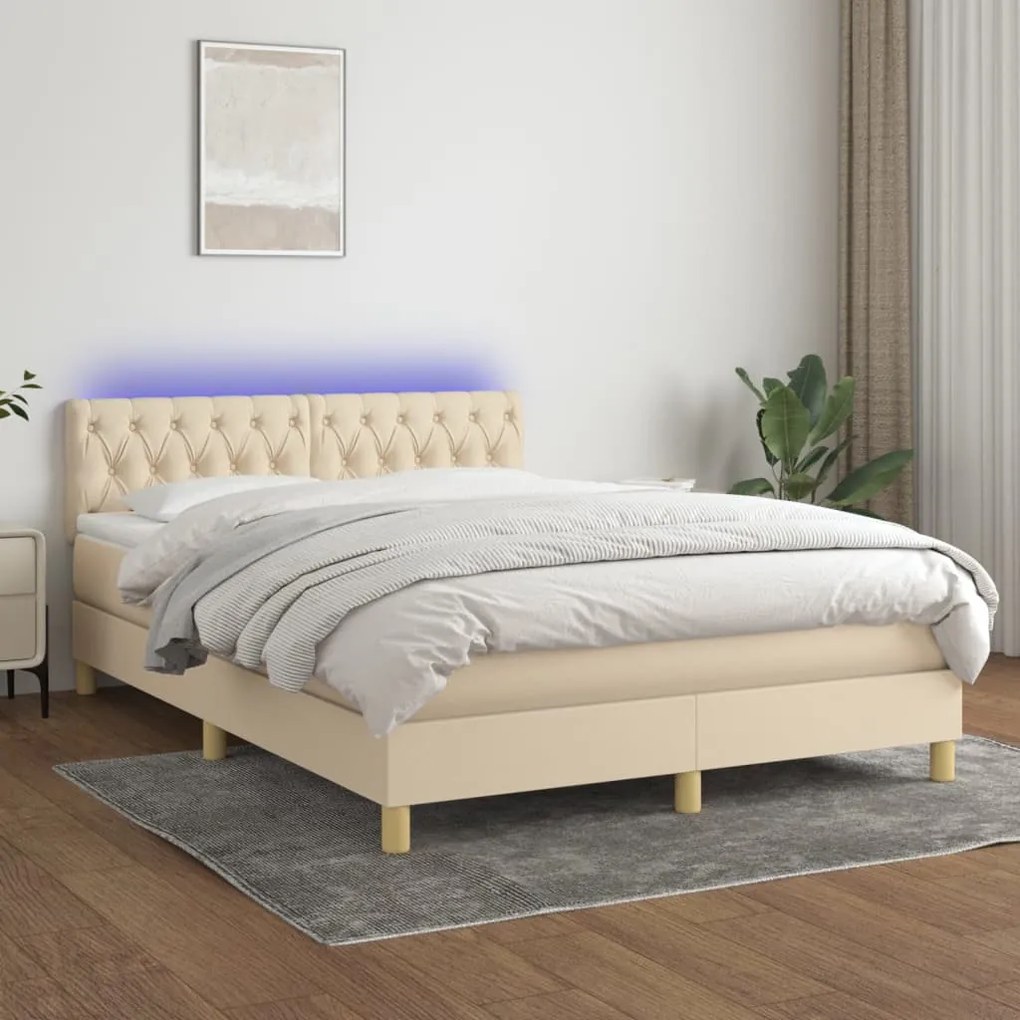 Cama box spring c/ colchão e LED 140x200 cm tecido cor creme