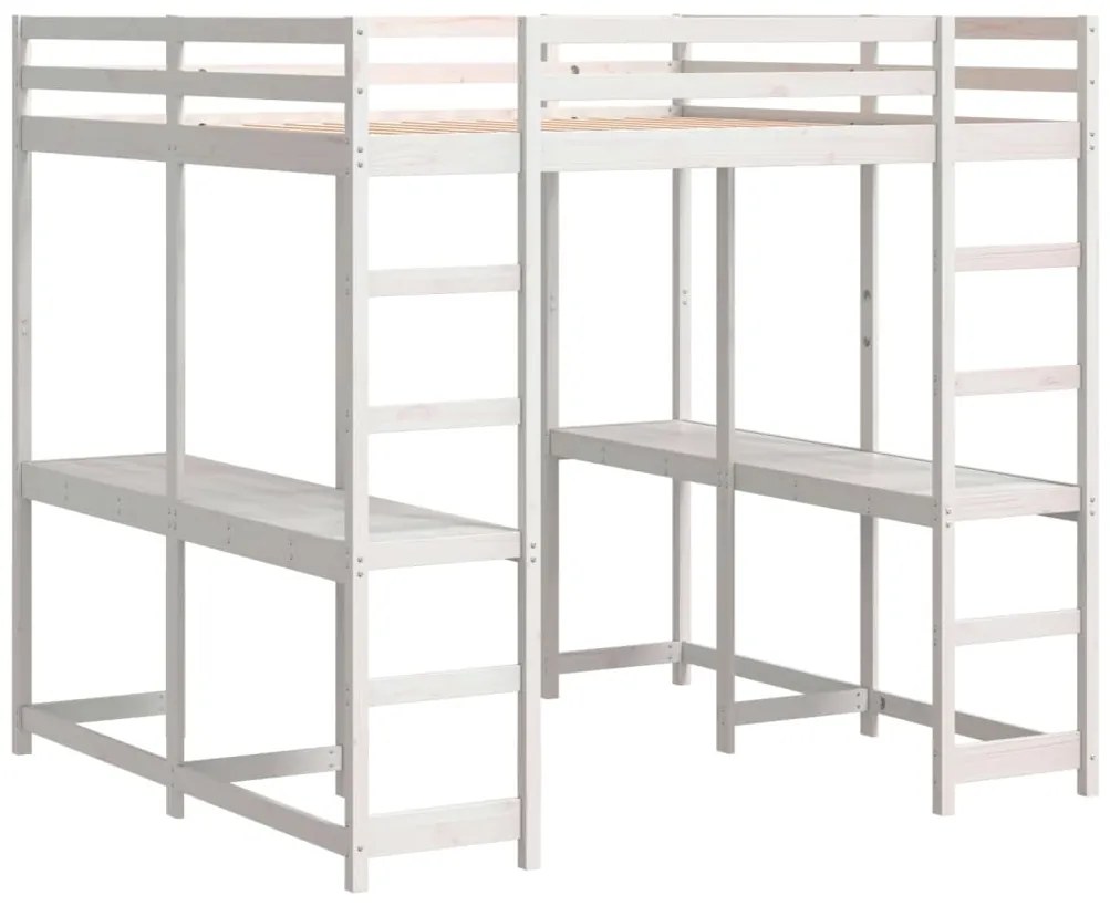 Cama alta c/ secretária e escada 160x200 cm pinho maciço branco