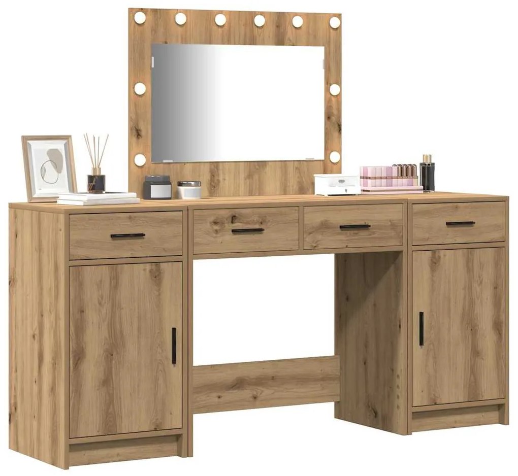 Conjunto de Mesa de Maquilhagem de 3 Peças com LED Carvalho Artesanal