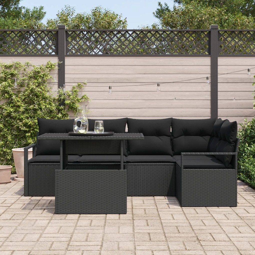 Conjunto de Sofá de Jardim de 6 Peças com Almofadas Preto Vime Sintéti