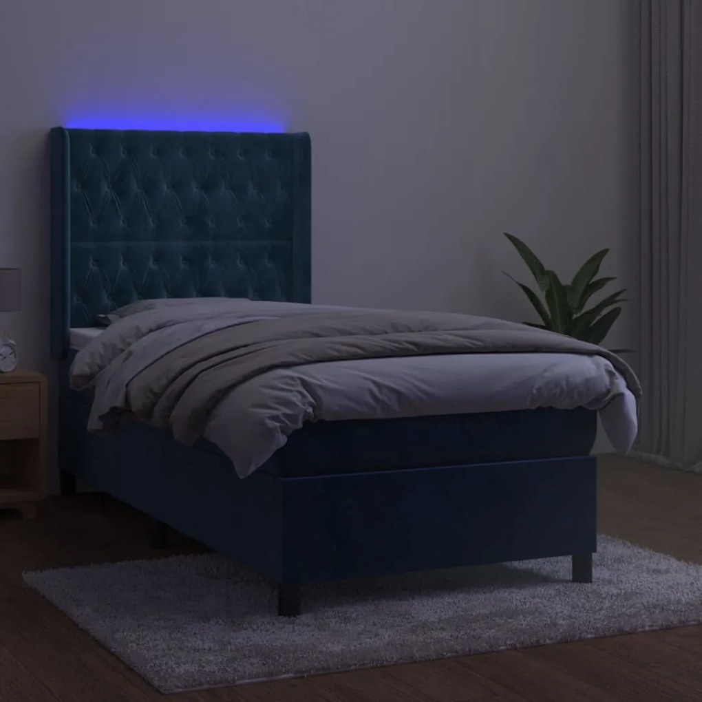 Cama box spring c/ colchão/LED 100x200 cm veludo azul-escuro