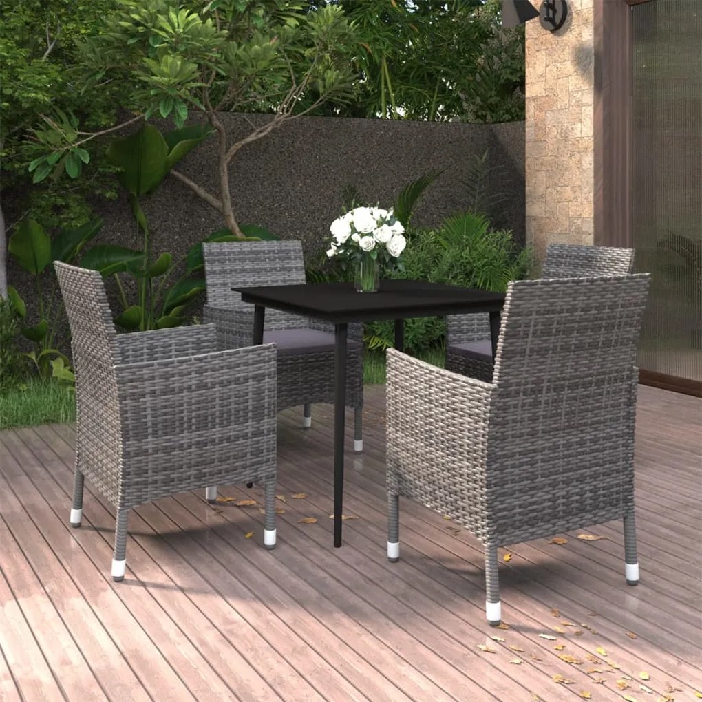 vidaXL 5 pcs conjunto de jantar p/ jardim c/almofadões vime PE e vidro