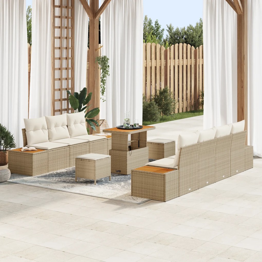 Conjunto de Sofás de Jardim de 10 Peças com Almofadas Bege Rattan Poli