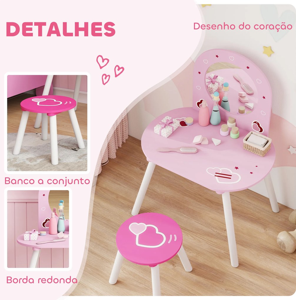 Toucador Infantil com Banco e Espelho Toucador para Meninas com Desenhos de Corações  60x43,5x83 cm  Rosa