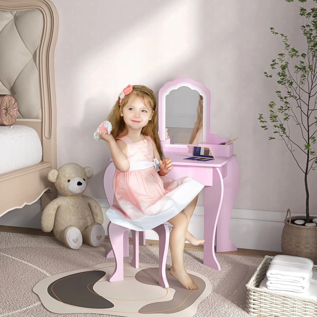 Toucador Infantil para Meninas e Meninos Toucador de Maquilhagem com Banco Espelho Gaveta e Caixas de Arrumação Rosa