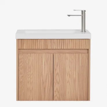 Conjunto De Móvel De Casa De Banho Suspenso Em Madeira Com Lavatório Integrado Narek Sem Espelho & Castanho Fresno & ↔︎ 60 Cm & Cinzento - Sklum