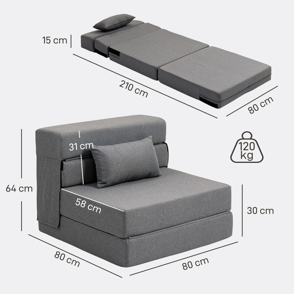 Poltrona convertível de 1 lugar, poltrona-cama dobrável, almofada incluída, capacidade de 120 kg, cinzenta