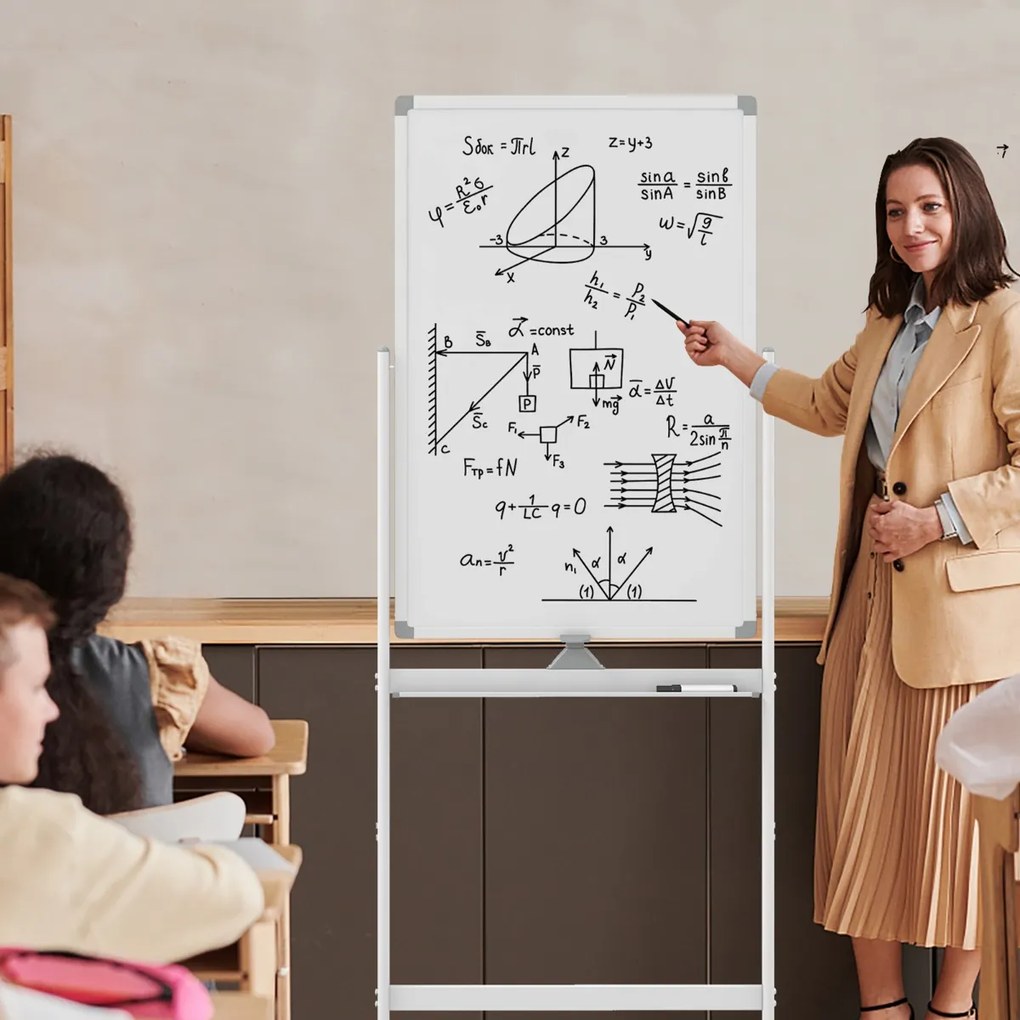 Quadro magnético móvel para apagar a seco 60x90cm Dupla face com suporte Rodas 360° Altura ajustável 151-178cm na escola Escritório Branco