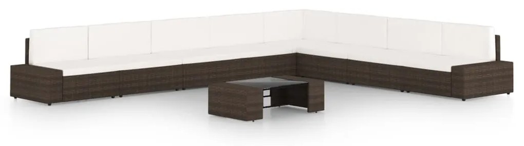 vidaXL 9 pcs conjunto lounge p/ jardim c/ almofadões vime PE castanho