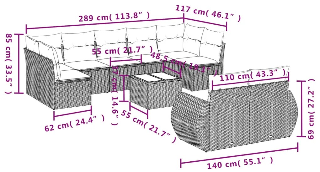 10 pcs conj. sofás jardim com almofadões vime PE cinzento-claro