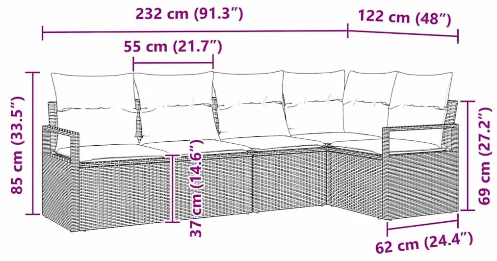 Conjunto de Sofá de Jardim de 5 Peças com Almofadas Castanhas em Ratta