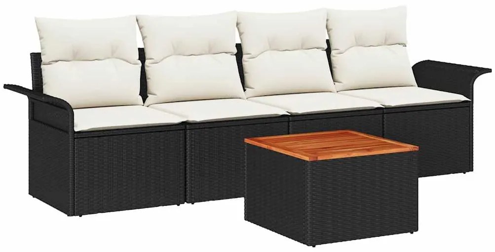 Conjunto de Sofá de Jardim 5 peças com Almofadas Pretas em Rattan de P