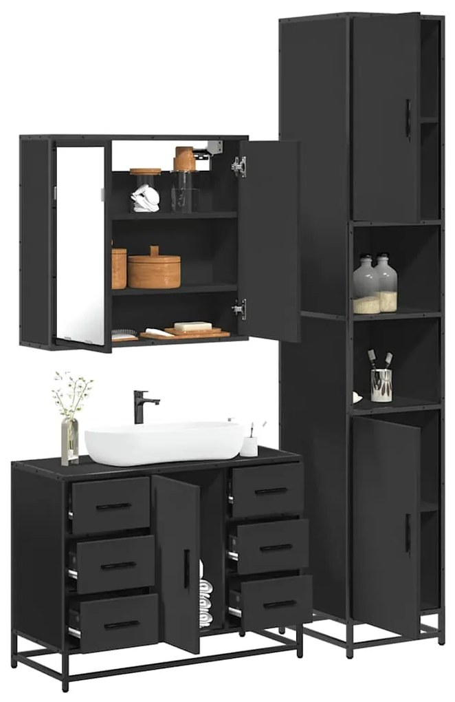 vidaXL 3 pcs conjunto móveis casa de banho derivados de madeira preto