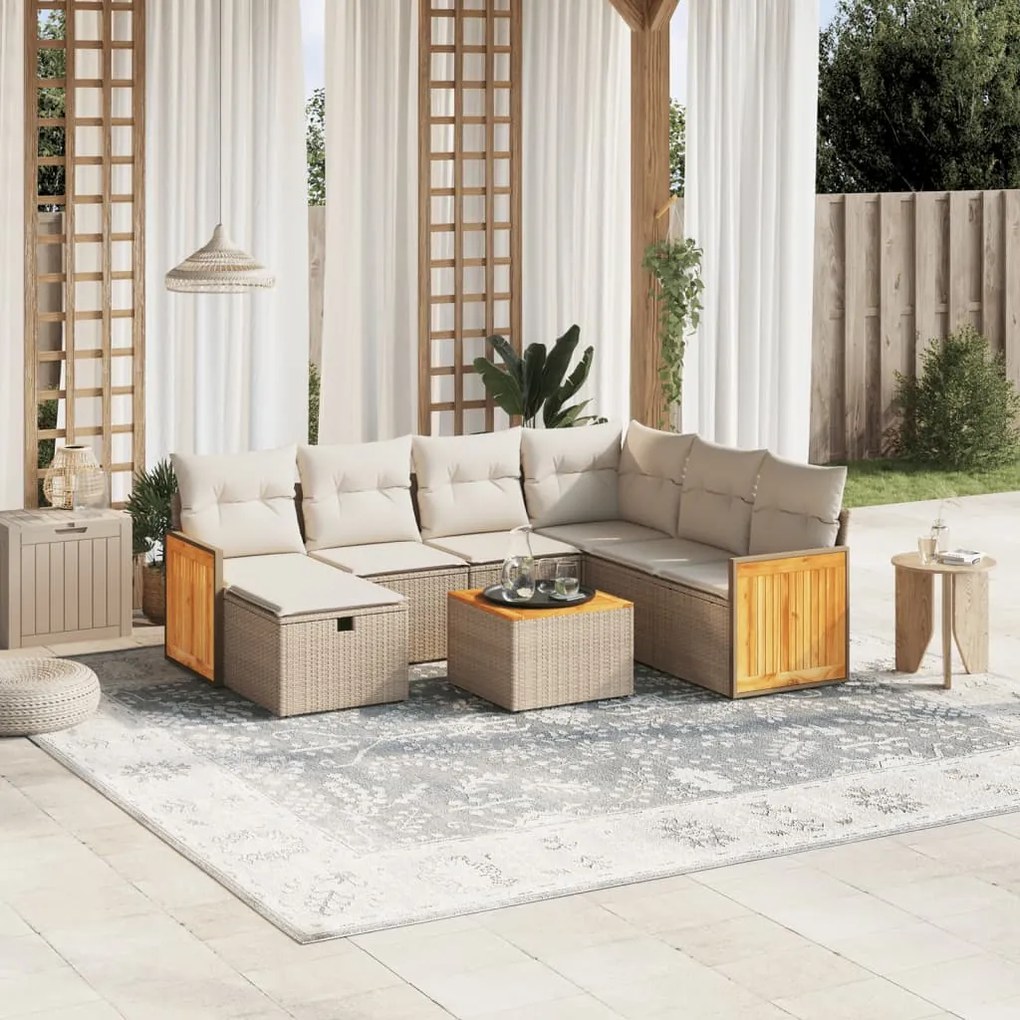 8 pcs conjunto de sofás p/ jardim com almofadões vime PE bege