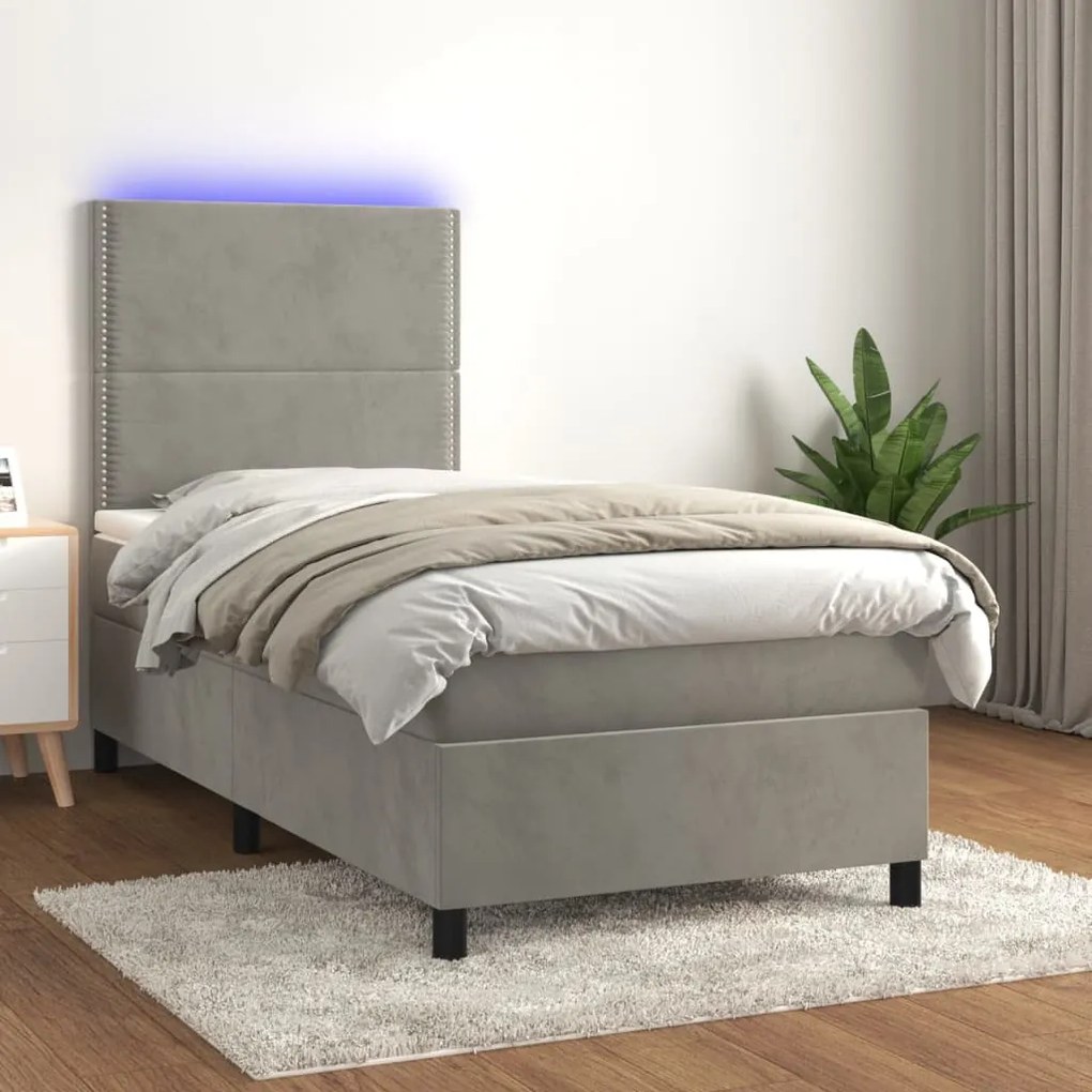 Cama box spring c/ colchão/LED 90x200 cm veludo cinzento-claro