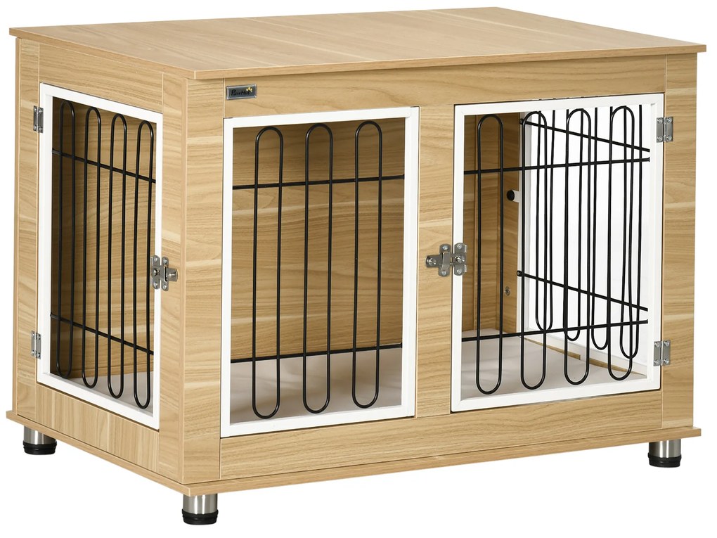 PawHut Gaiola para Cães com Mesa Auxiliar e Almofada Lavável Gaiola para Animais com Estrutura de Aço para Cães Médios e Grandes 90x58x65 cm Carvalho