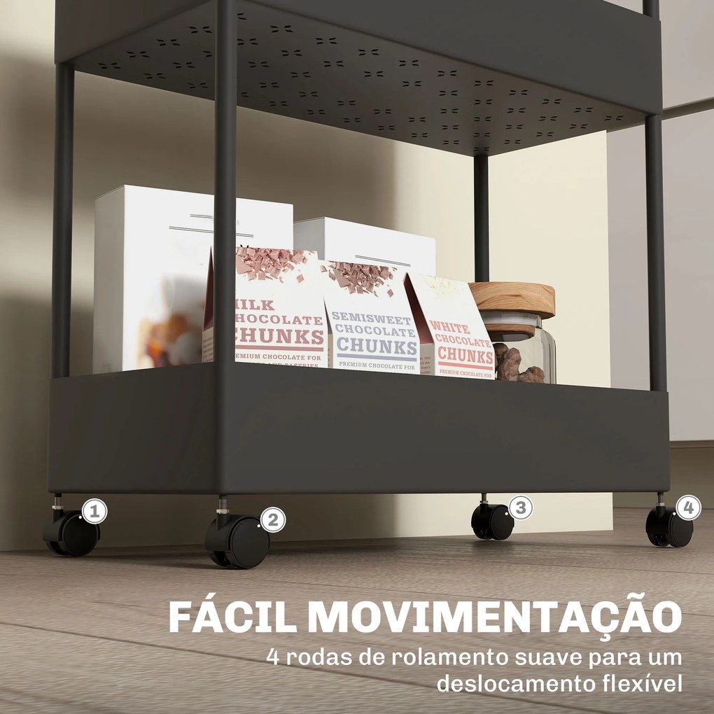 Carrinho Auxiliar com Rodas Carrinho de Armazenamento com 4 Cestas e 4 Ganchos Amovíveis 40x19x90 cm Preto