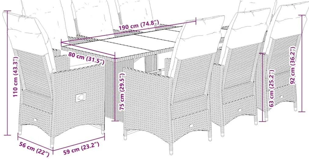 9 pcs conjunto bistrô de jardim c/ almofadões vime PE cinzento
