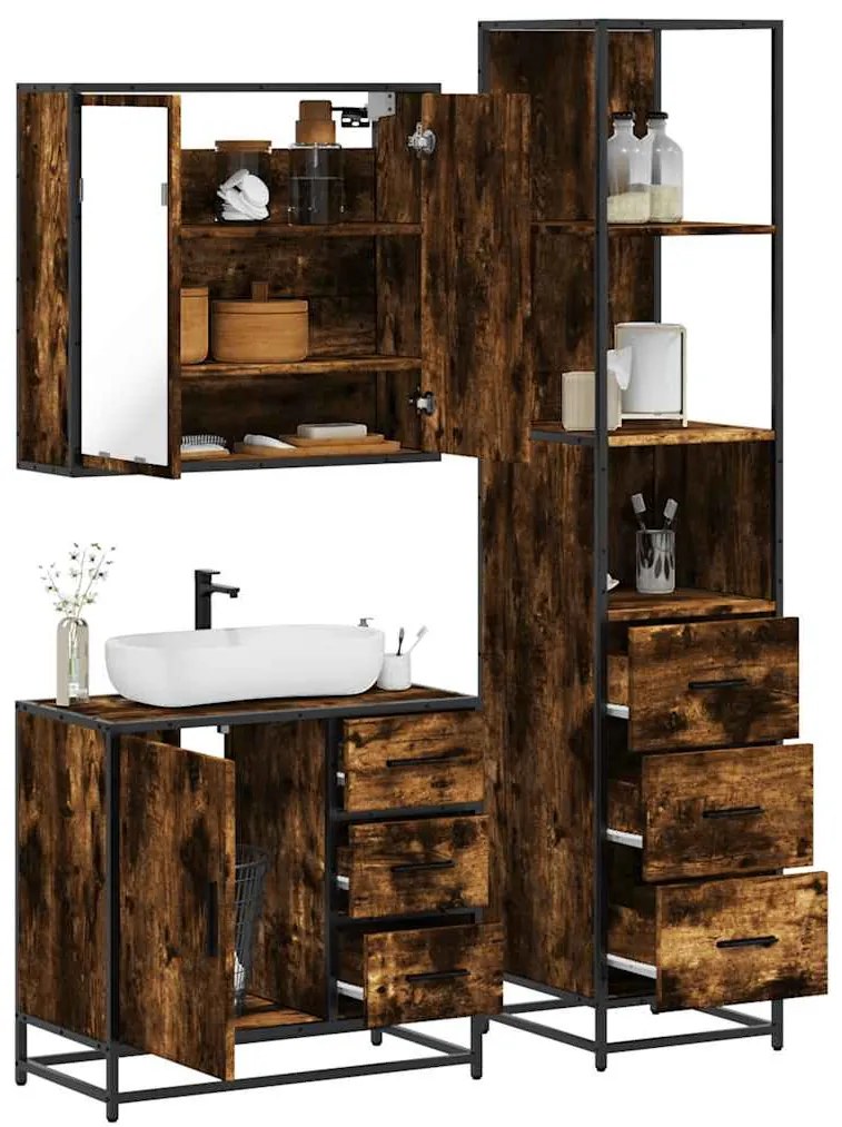 vidaXL 3 pcs conjunto de móveis WC madeira processada carvalho fumado