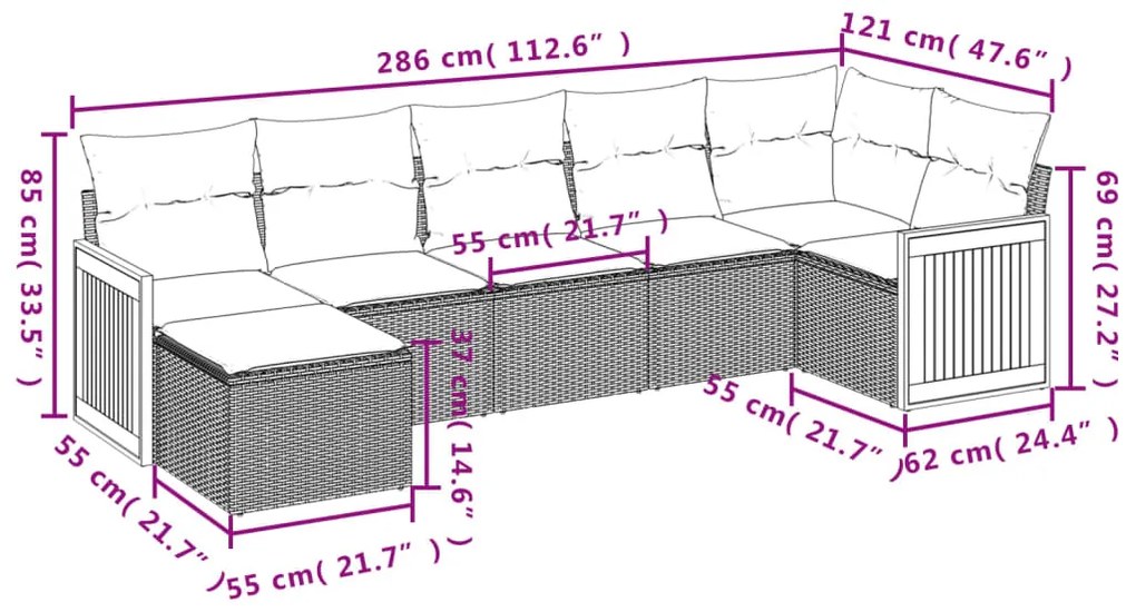 7 pcs conjunto de sofás p/ jardim c/ almofadões vime PE preto