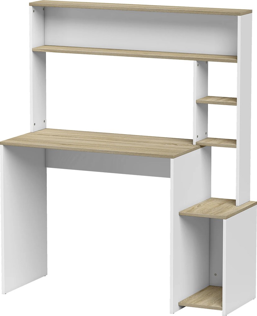 HOMCOM Secretária para Computador com Estantes e Suporte para CPU 114x45x138 cm Branco e Natural | Aosom Portugal