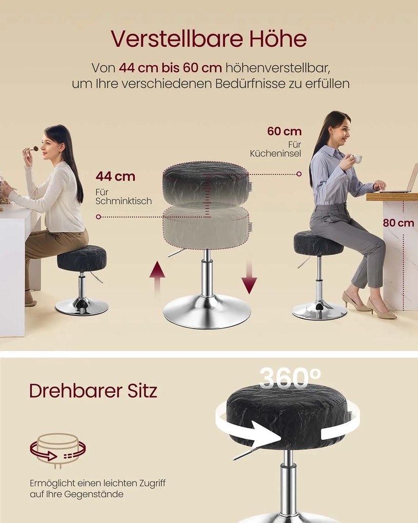 Banco para toucador com altura ajustável e rotação de 360°, Preto