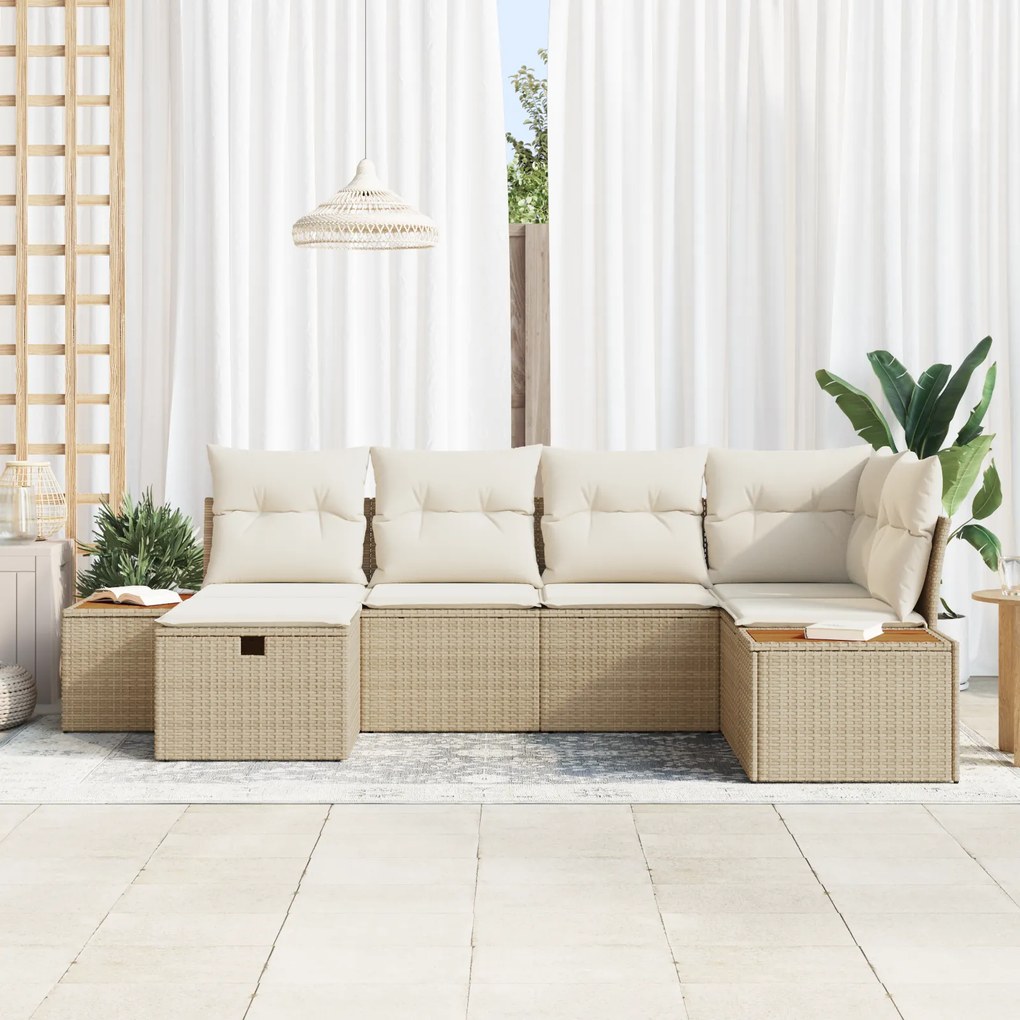 Conjunto de Sofá para Jardim de 6 Peças com Almofadas Bege de Rattan P