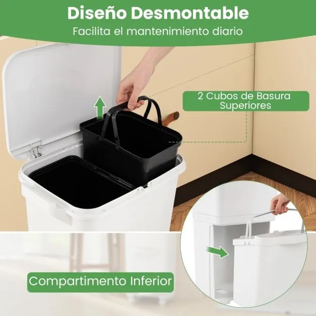 Caixote do lixo de 36 L com 2 cubos e autocolantes para classificação do lixo Contentor de resíduos com rodas universais Branco